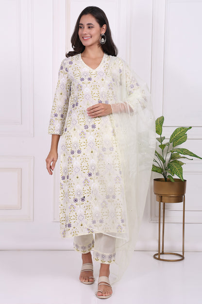White Floral Printed Embroidered Pure Cotton Straight Kurta, Pants and Dupatta Set