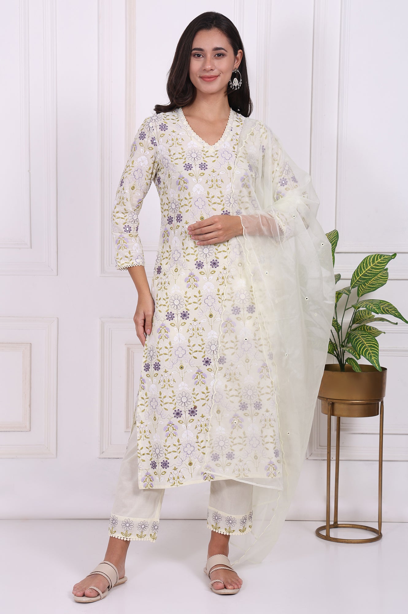 White Floral Printed Embroidered Pure Cotton Straight Kurta, Pants and Dupatta Set