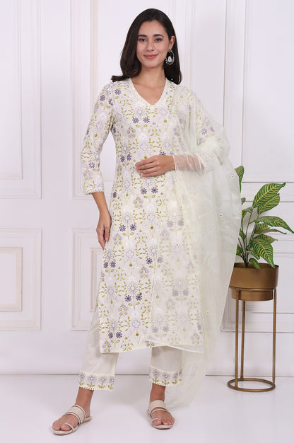 White Floral Printed Embroidered Pure Cotton Straight Kurta, Pants and Dupatta Set