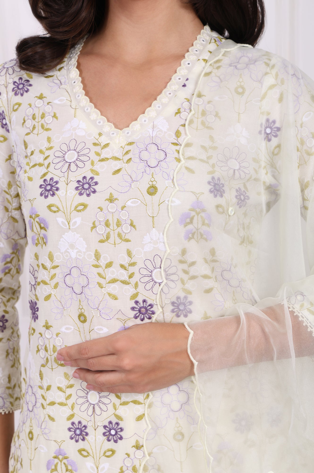 White Floral Printed Embroidered Pure Cotton Straight Kurta, Pants and Dupatta Set