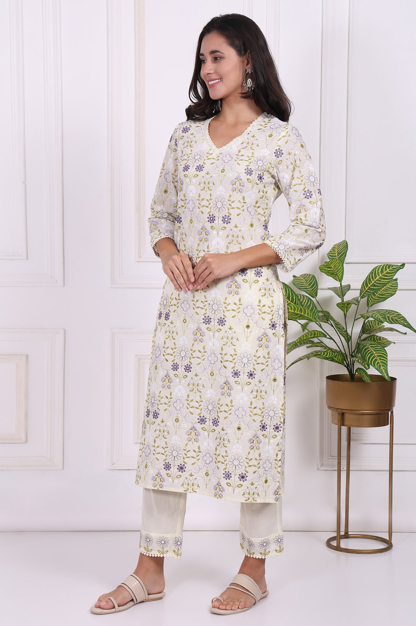 White Floral Printed Embroidered Pure Cotton Straight Kurta, Pants and Dupatta Set