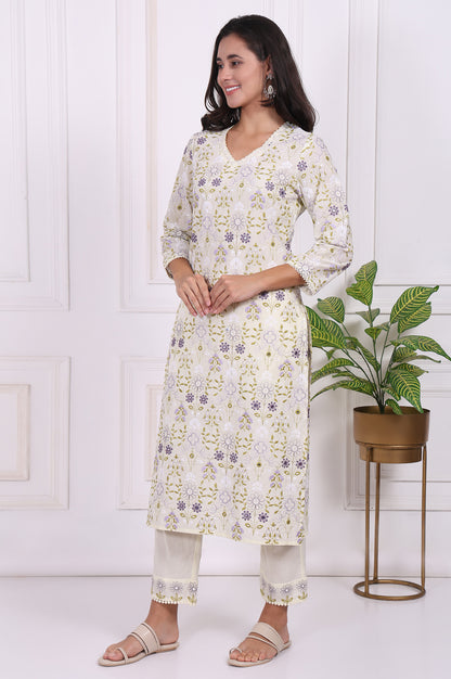 White Floral Printed Embroidered Pure Cotton Straight Kurta, Pants and Dupatta Set