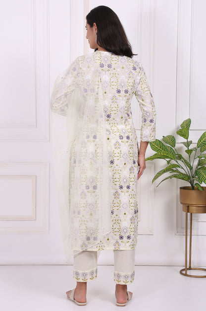 White Floral Printed Embroidered Pure Cotton Straight Kurta, Pants and Dupatta Set