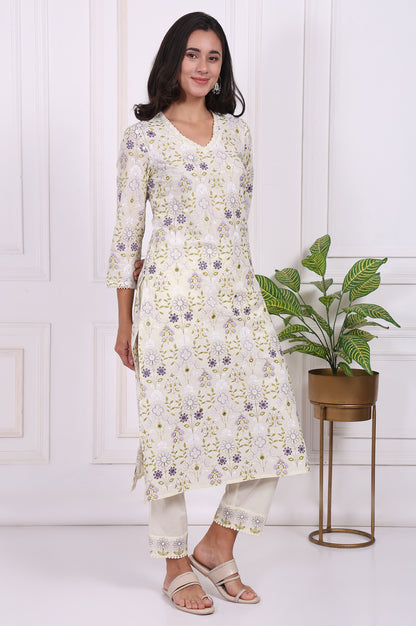 White Floral Printed Embroidered Pure Cotton Straight Kurta, Pants and Dupatta Set