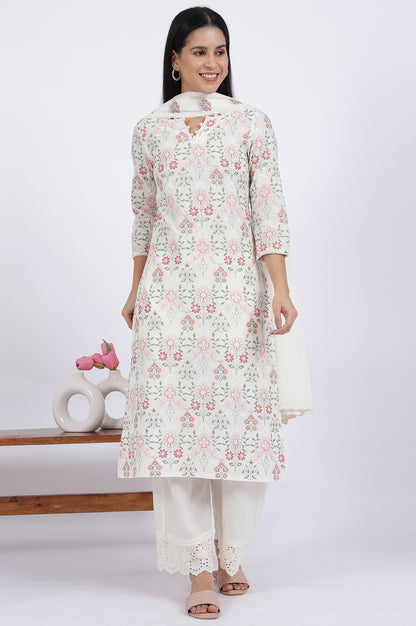 White Flora Printed Lace Pure Cotton Straight Kurta &amp; Parallel Pants With Dupatta Set