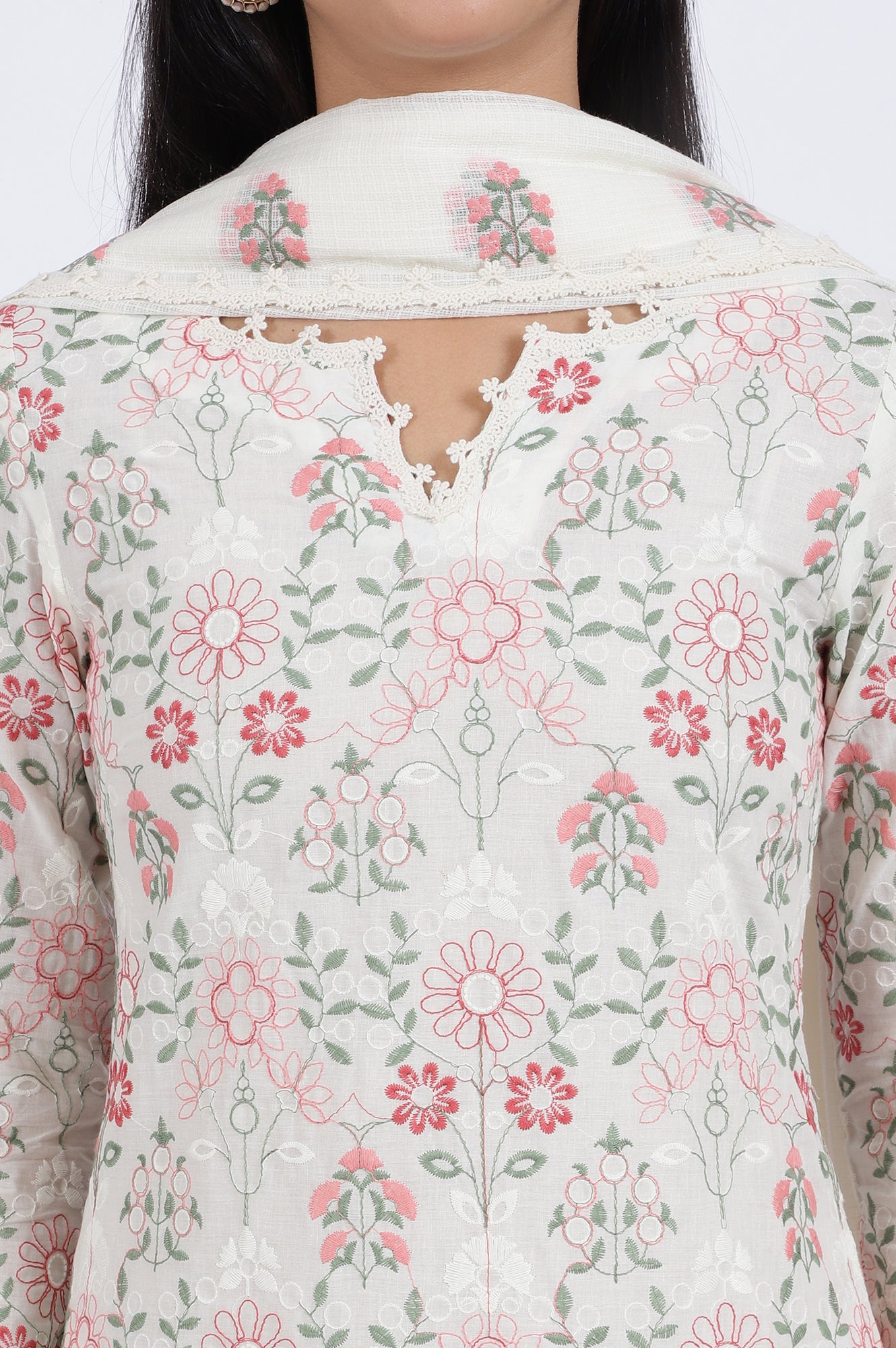 White Flora Printed Lace Pure Cotton Straight Kurta &amp; Parallel Pants With Dupatta Set