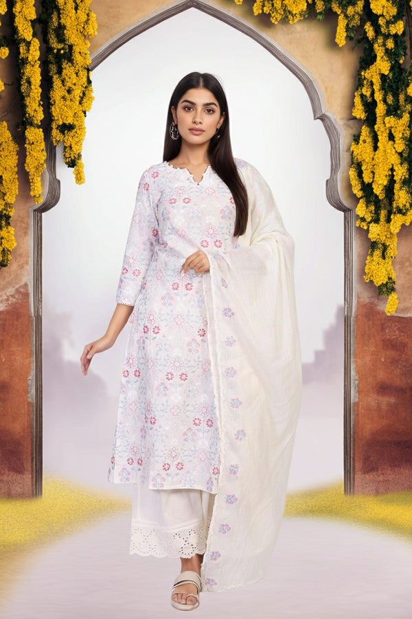 Off-White Embroidered Lace Trim Straight Cotton Kurta with Flared Pant and Dupatta Set