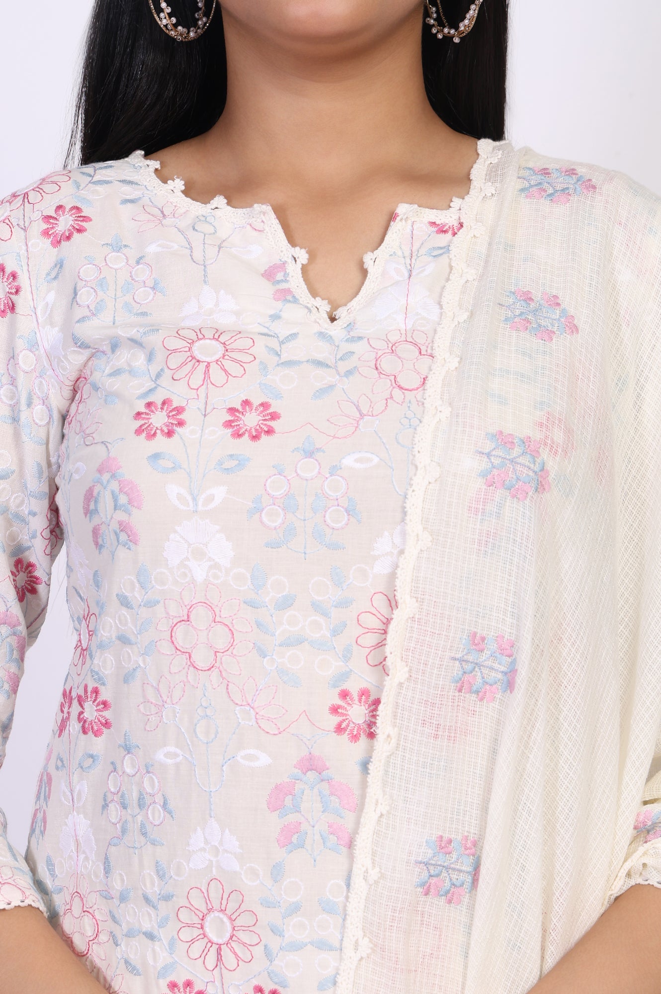 Off-White Embroidered Lace Trim Straight Cotton Kurta with Flared Pant and Dupatta Set