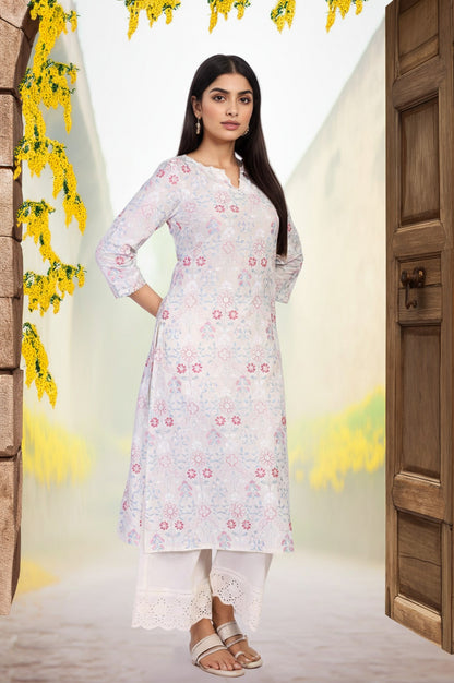 Off-White Embroidered Lace Trim Straight Cotton Kurta with Flared Pant and Dupatta Set