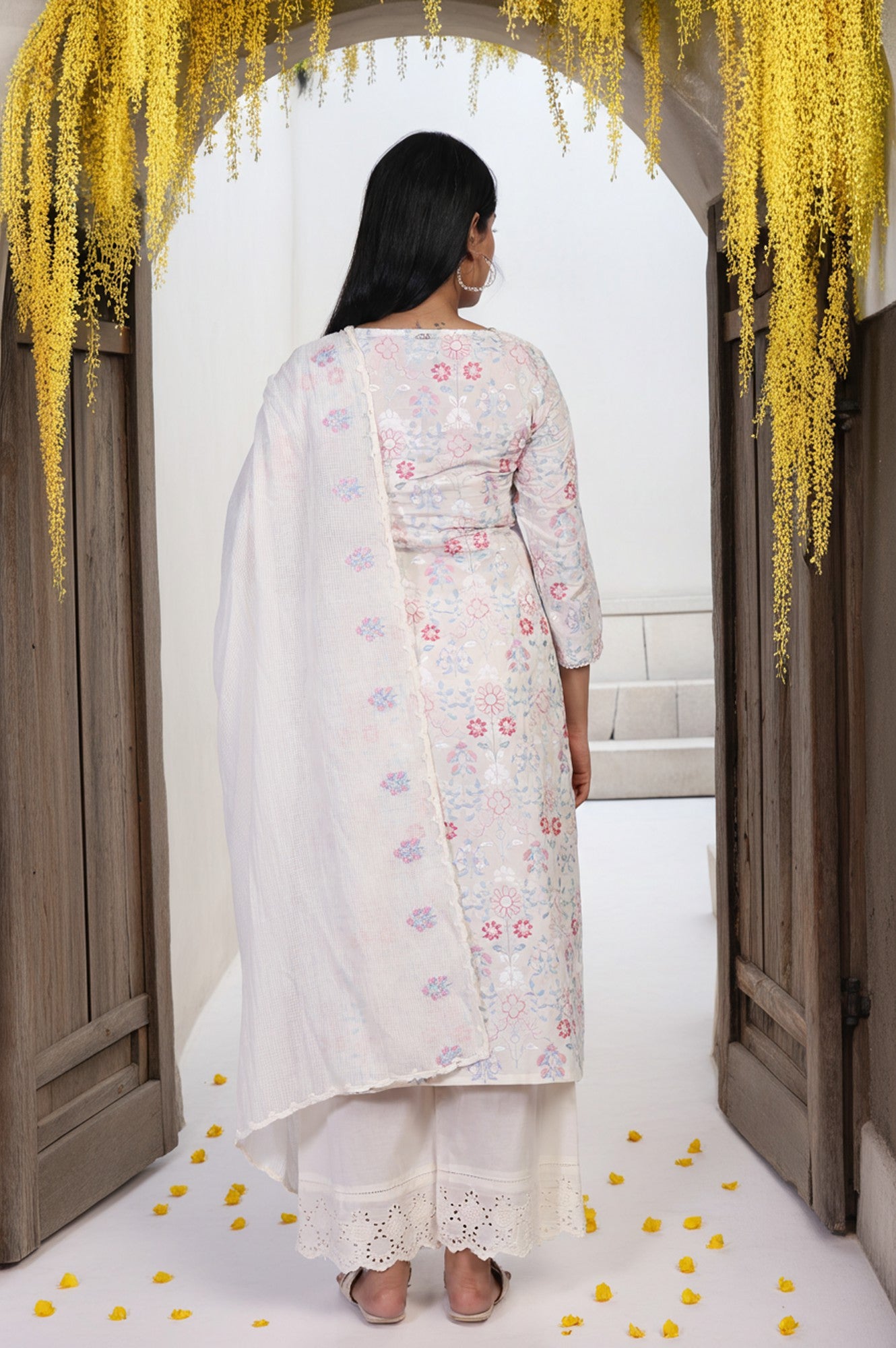 Off-White Embroidered Lace Trim Straight Cotton Kurta with Flared Pant and Dupatta Set