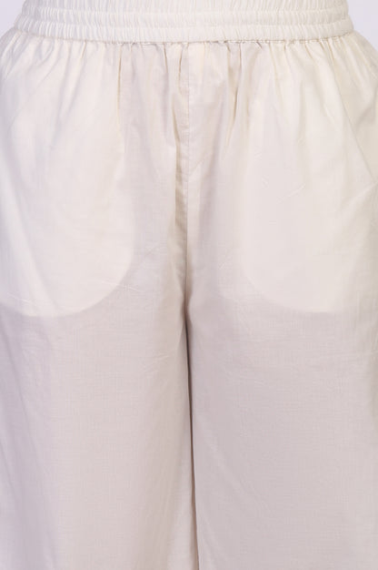 Off-White Embroidered Lace Trim Straight Cotton Kurta with Flared Pant and Dupatta Set