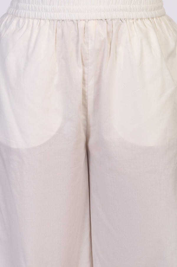 Off-White Embroidered Lace Trim Straight Cotton Kurta with Flared Pant and Dupatta Set