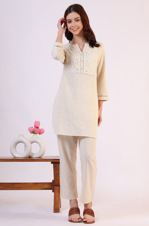 Light Beige Schiffili Embroidered Cotton Flax Short Kurta and Straight Pants Co-ord Set