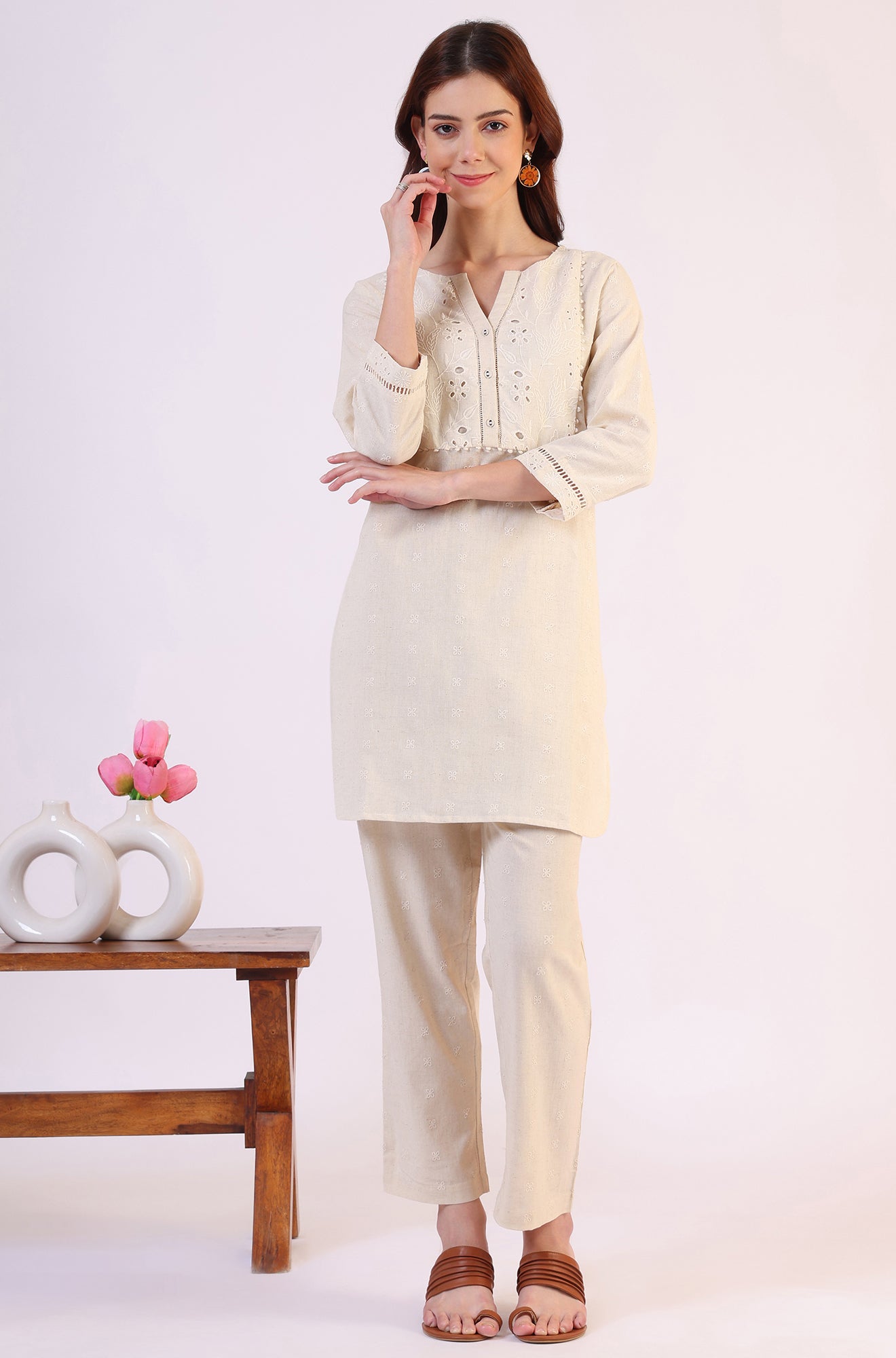 Light Beige Schiffili Embroidered Cotton Flax Short Kurta and Straight Pants Co-ord Set