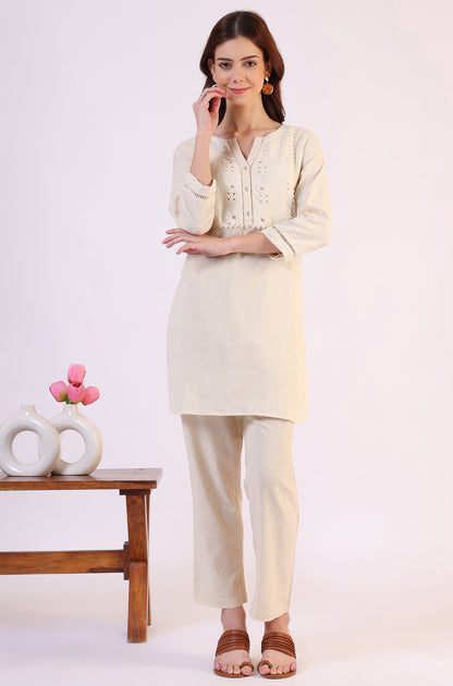 Light Beige Schiffili Embroidered Cotton Flax Short Kurta and Straight Pants Co-ord Set