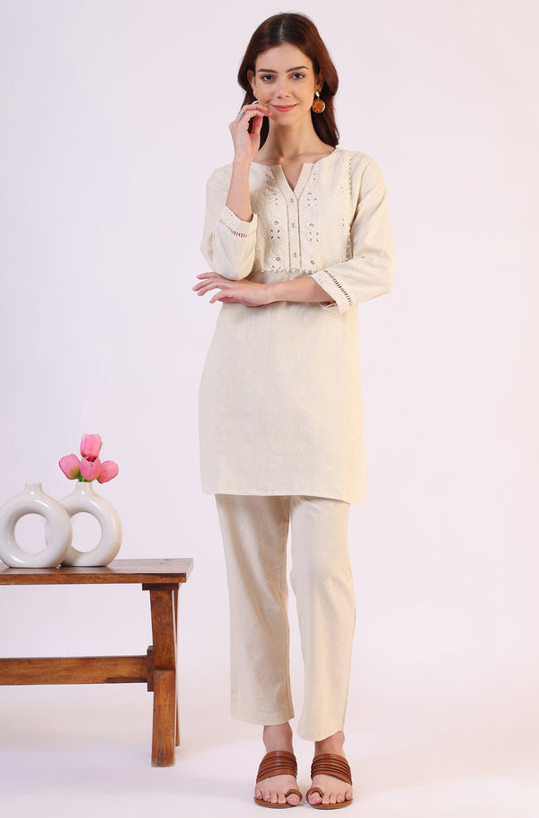 Light Beige Schiffili Embroidered Cotton Flax Short Kurta and Straight Pants Co-ord Set