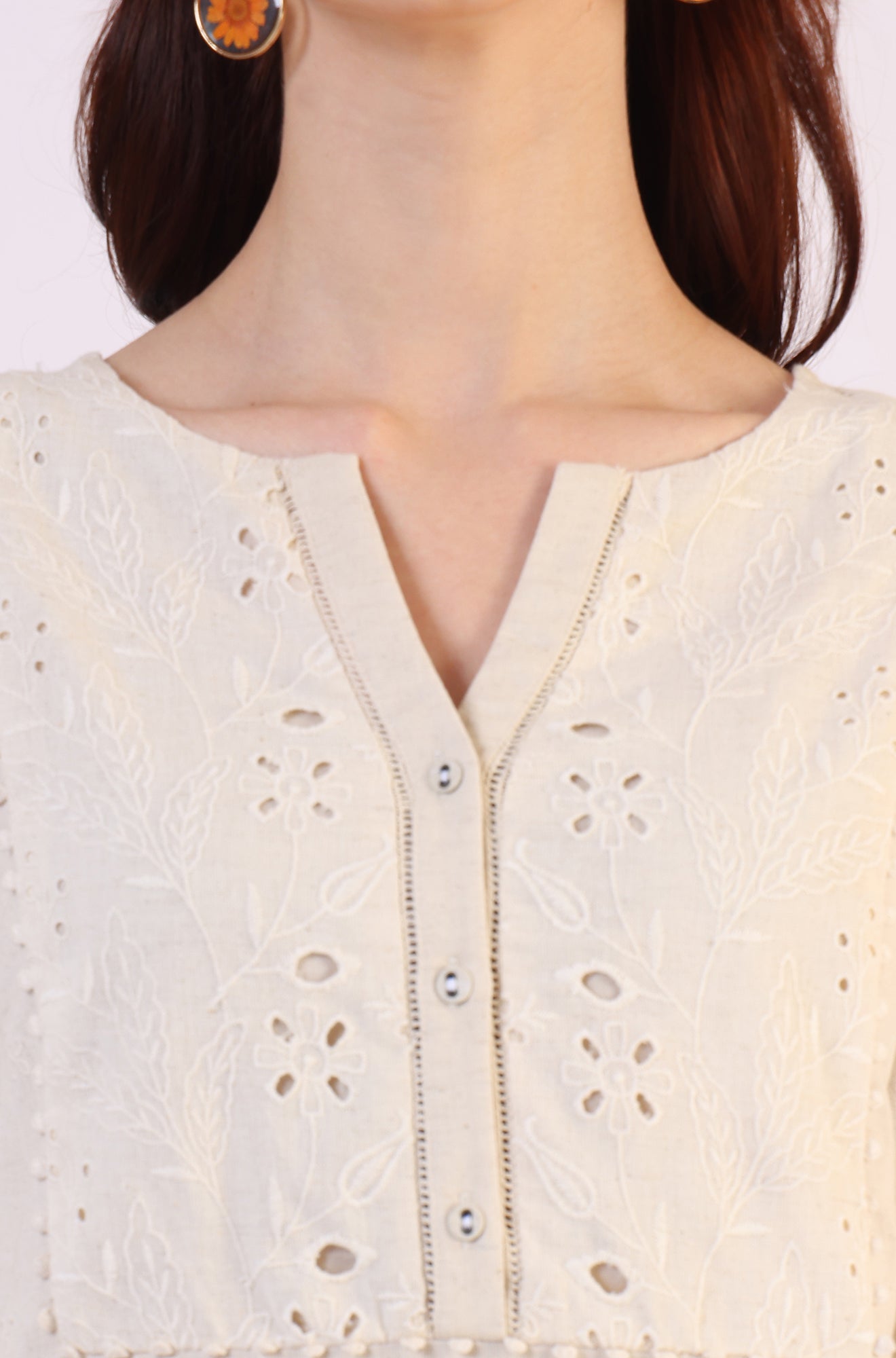 Light Beige Schiffili Embroidered Cotton Flax Short Kurta and Straight Pants Co-ord Set