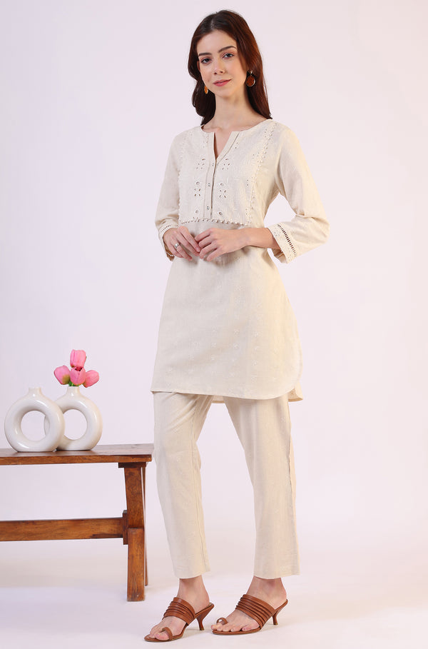 Light Beige Schiffili Embroidered Cotton Flax Short Kurta and Straight Pants Co-ord Set