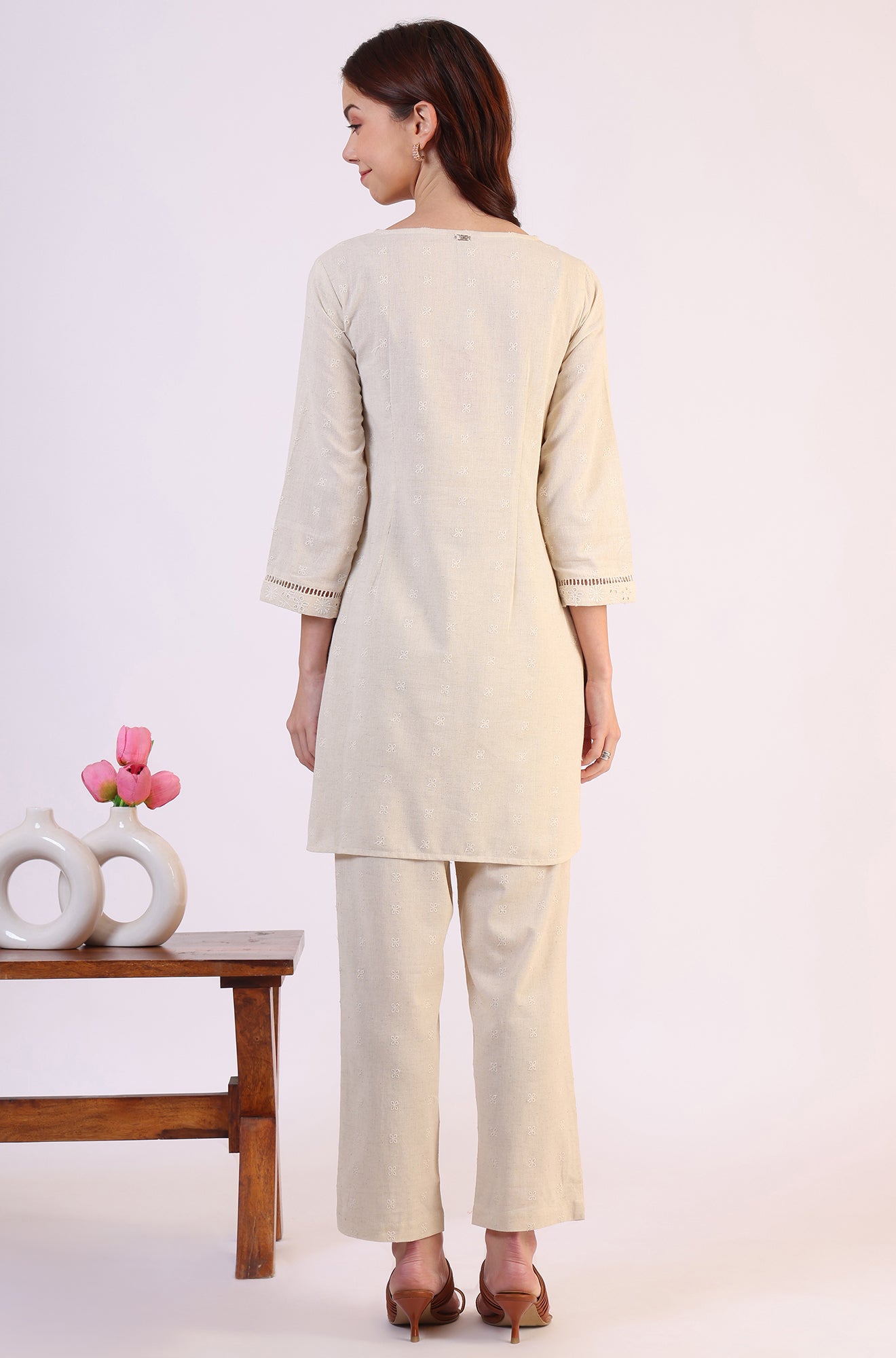 Light Beige Schiffili Embroidered Cotton Flax Short Kurta and Straight Pants Co-ord Set