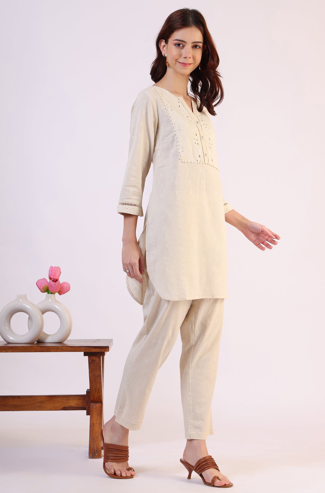 Light Beige Schiffili Embroidered Cotton Flax Short Kurta and Straight Pants Co-ord Set
