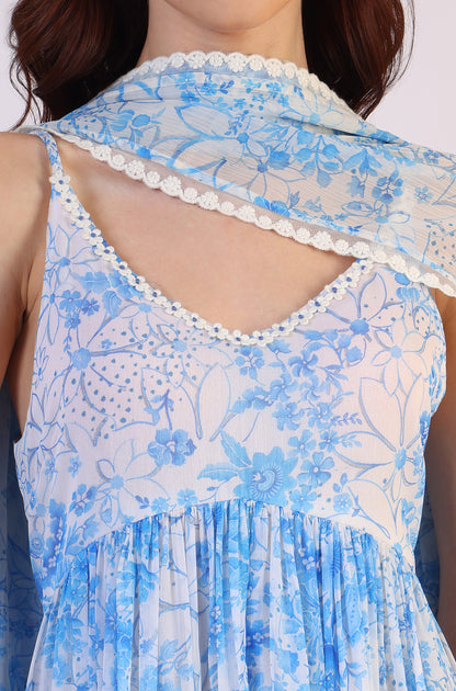 Floral Printed Lace Flared Chiffon Spaghetti Kurta with Dupatta Set