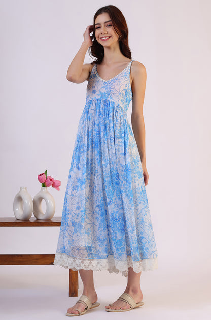 Floral Printed Lace Flared Chiffon Spaghetti Kurta with Dupatta Set