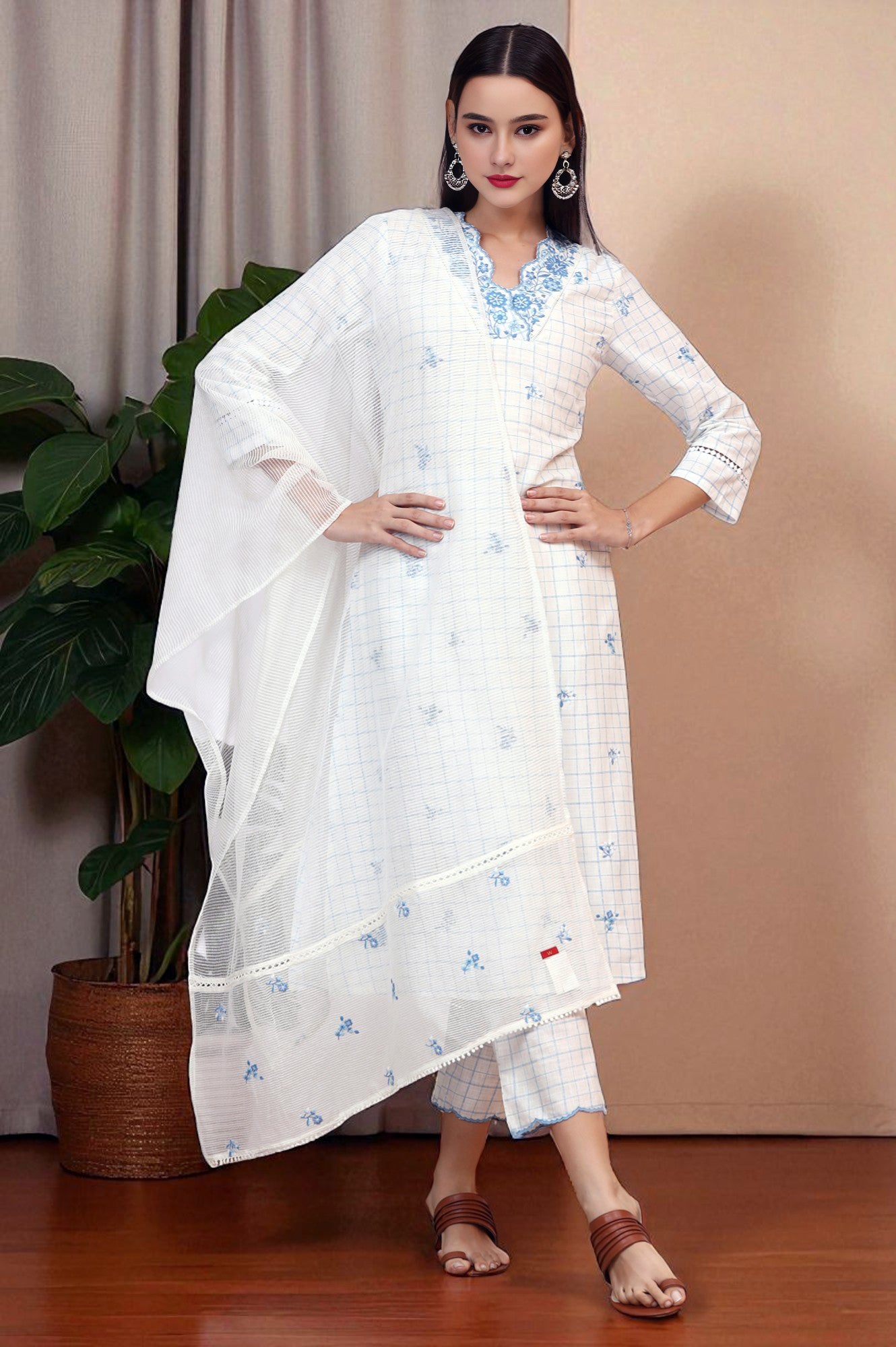 White Embroidered Checker Pure Cotton Straight Kurta, Pants and Dupatta Set