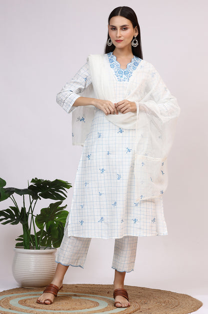 White Embroidered Checker Pure Cotton Straight Kurta, Pants and Dupatta Set