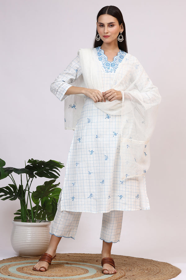White Embroidered Checker Pure Cotton Straight Kurta, Pants and Dupatta Set