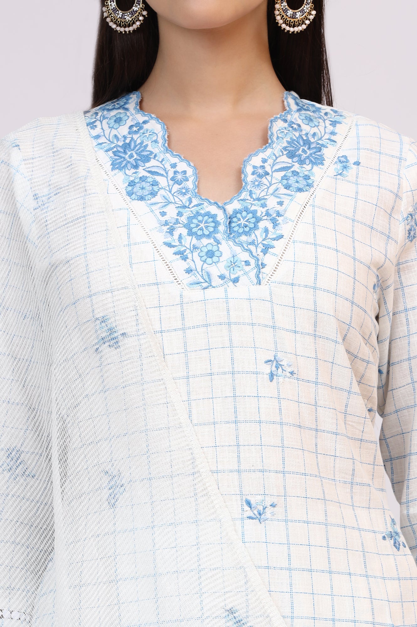 White Embroidered Checker Pure Cotton Straight Kurta, Pants and Dupatta Set