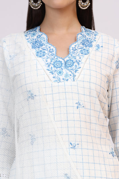 White Embroidered Checker Pure Cotton Straight Kurta, Pants and Dupatta Set