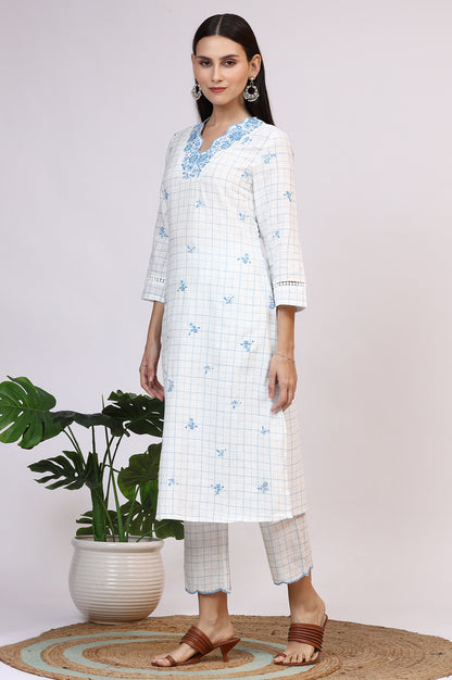 White Embroidered Checker Pure Cotton Straight Kurta, Pants and Dupatta Set