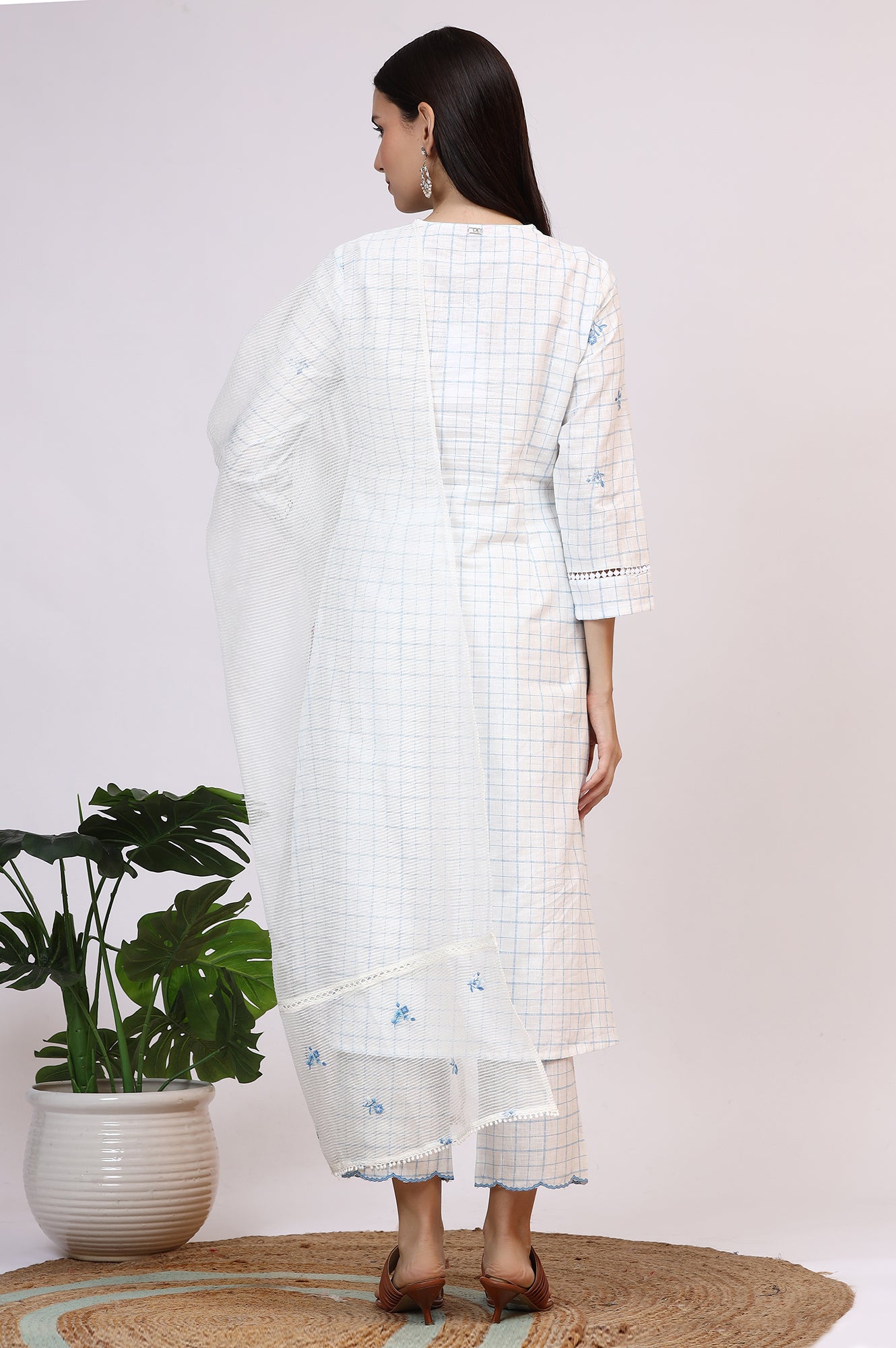 White Embroidered Checker Pure Cotton Straight Kurta, Pants and Dupatta Set