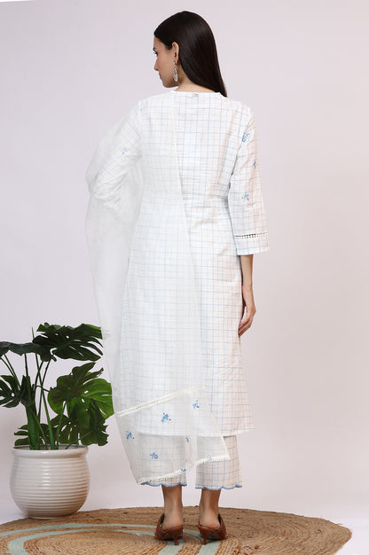 White Embroidered Checker Pure Cotton Straight Kurta, Pants and Dupatta Set