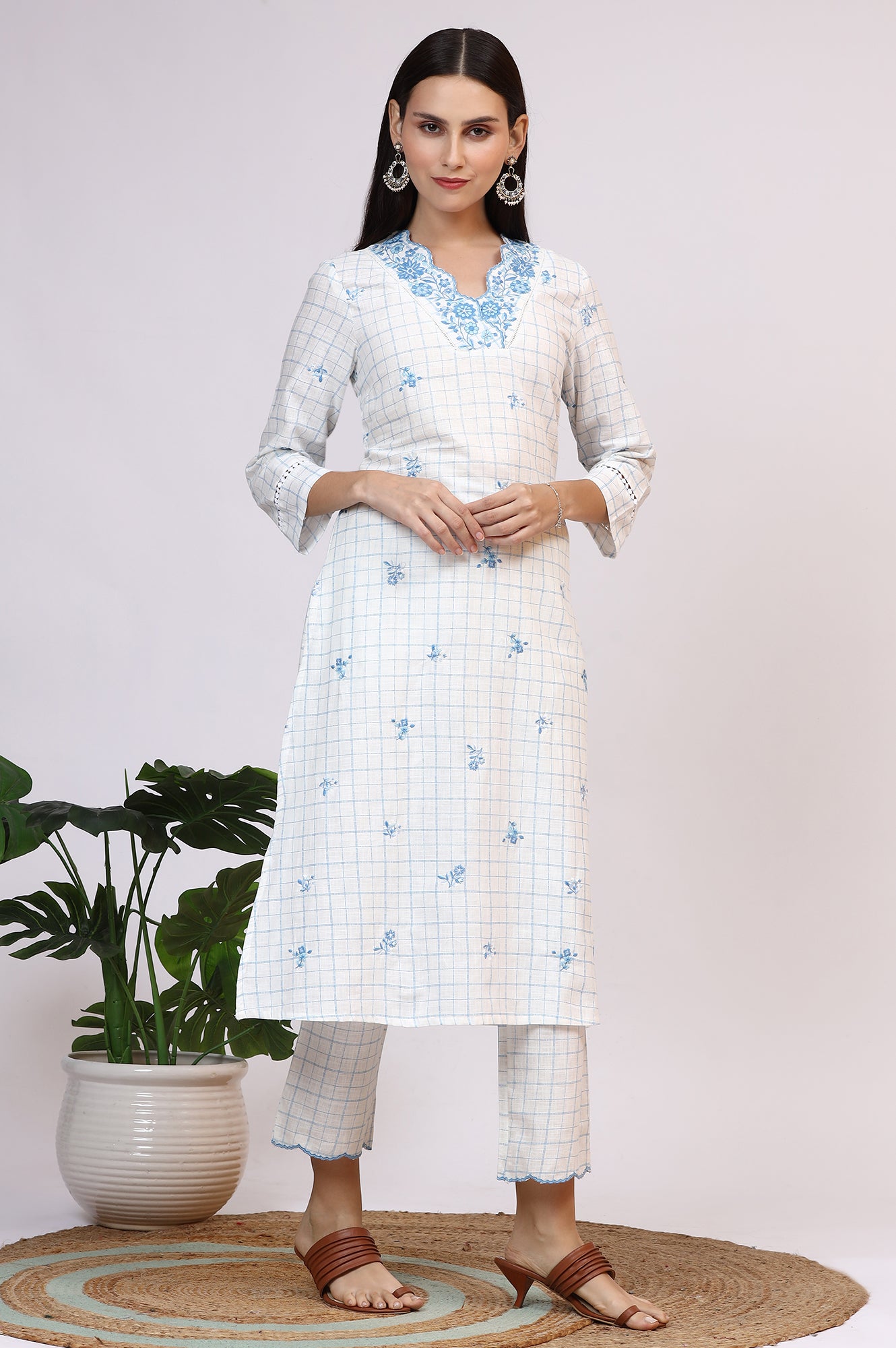 White Embroidered Checker Pure Cotton Straight Kurta, Pants and Dupatta Set