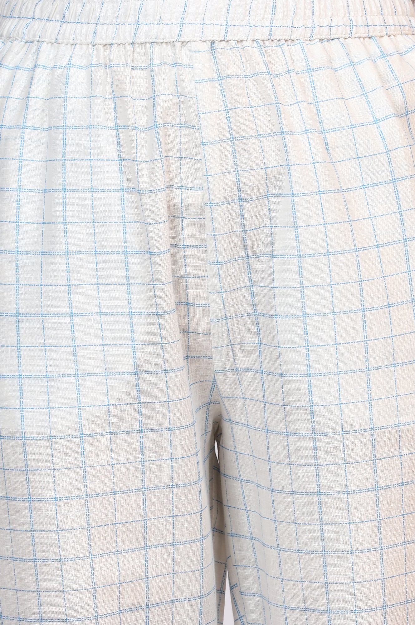 White Embroidered Checker Pure Cotton Straight Kurta, Pants and Dupatta Set