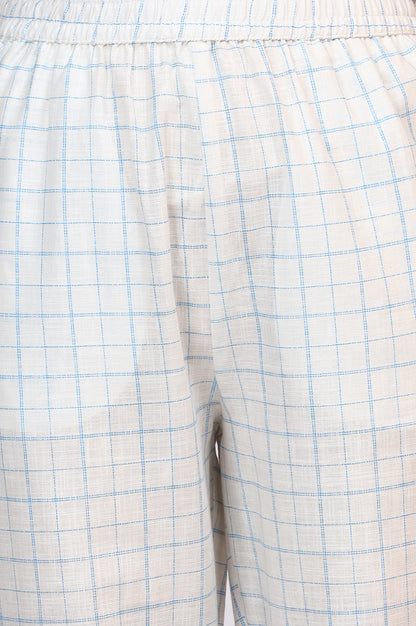 White Embroidered Checker Pure Cotton Straight Kurta, Pants and Dupatta Set