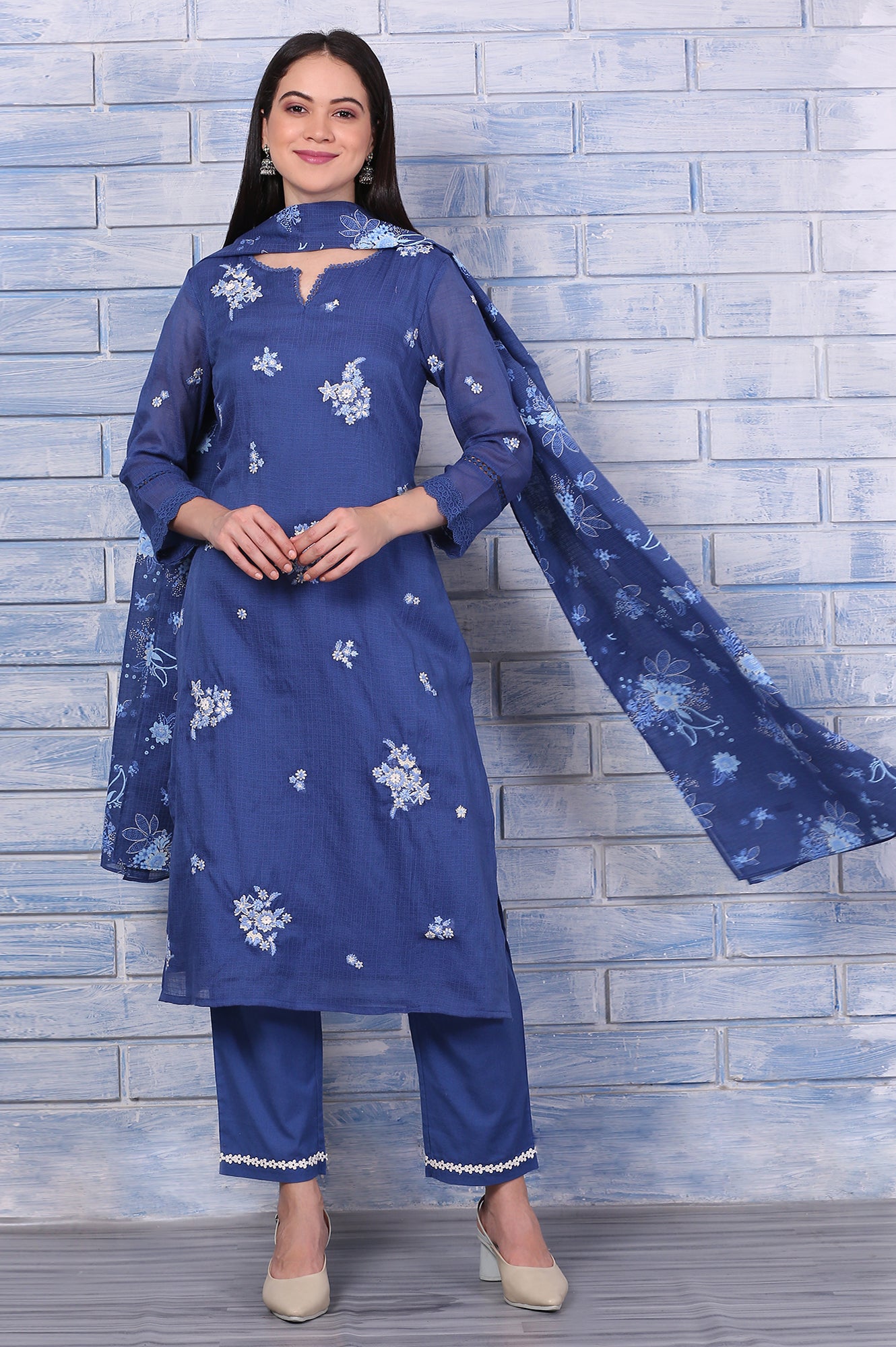 Blue Embroidered Kota Straight Kurta, Pants and Dupatta Set