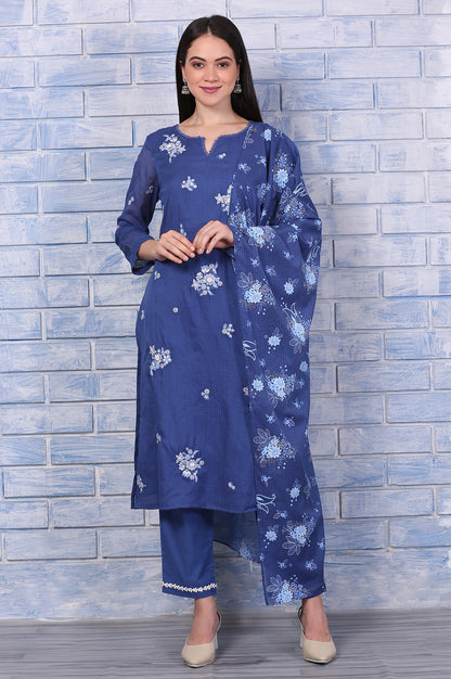Blue Embroidered Kota Straight Kurta, Pants and Dupatta Set