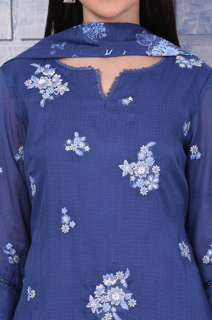 Blue Embroidered Kota Straight Kurta, Pants and Dupatta Set