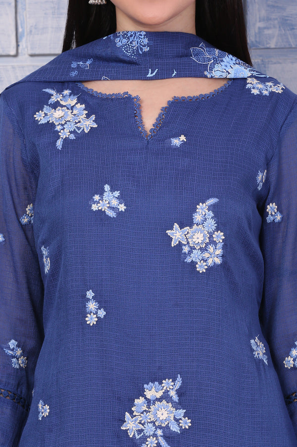 Blue Embroidered Kota Straight Kurta, Pants and Dupatta Set
