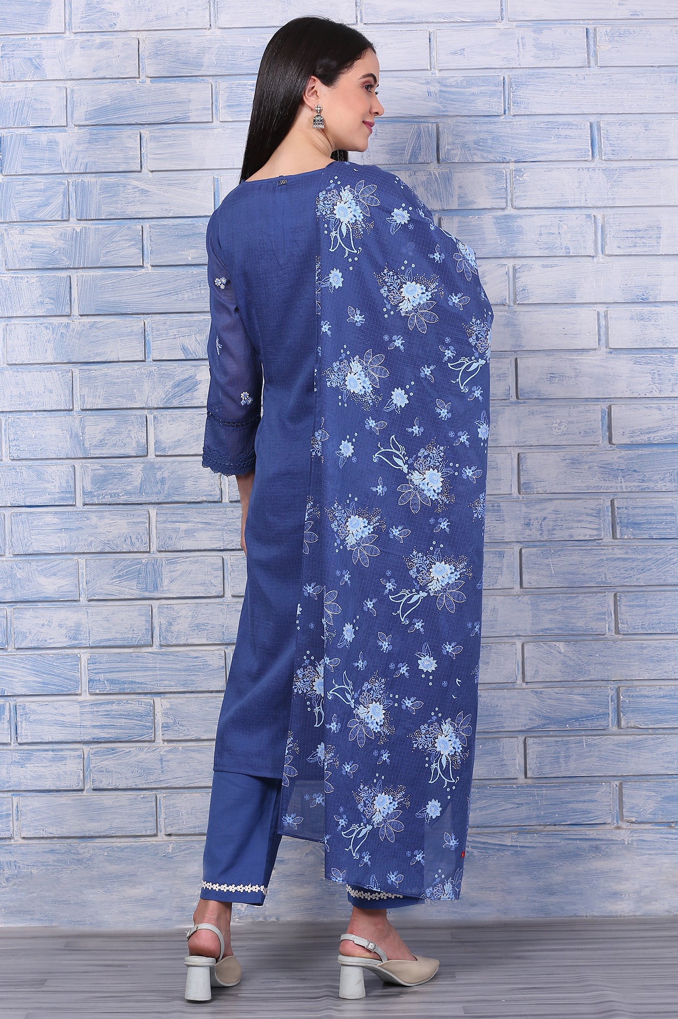 Blue Embroidered Kota Straight Kurta, Pants and Dupatta Set