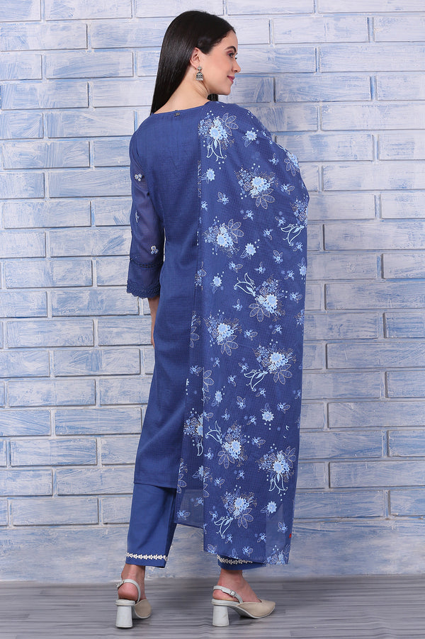 Blue Embroidered Kota Straight Kurta, Pants and Dupatta Set