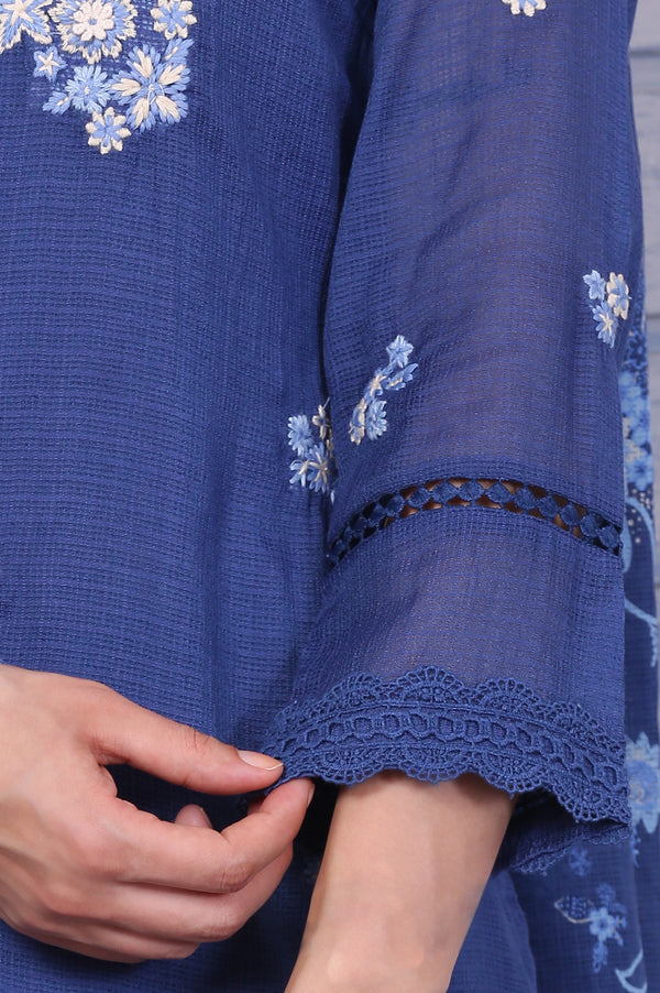 Blue Embroidered Kota Straight Kurta, Pants and Dupatta Set