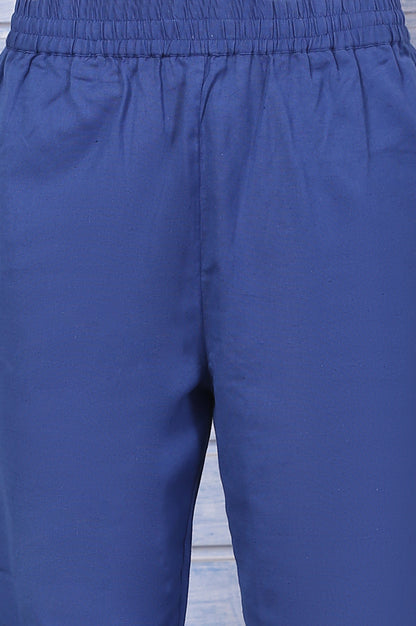 Blue Embroidered Kota Straight Kurta, Pants and Dupatta Set