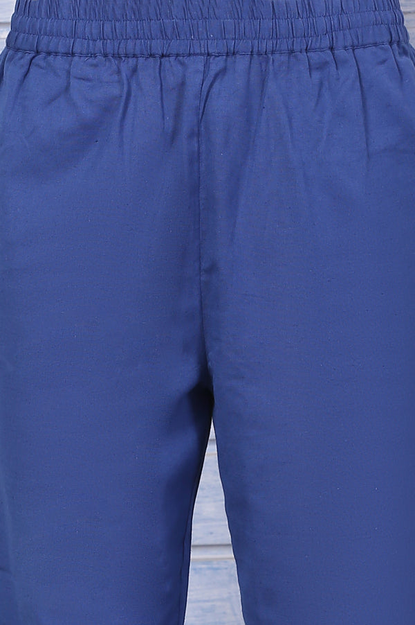 Blue Embroidered Kota Straight Kurta, Pants and Dupatta Set