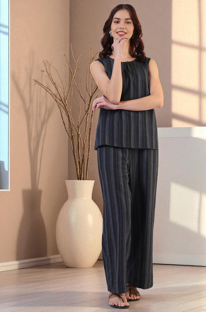 Black Yarn Dyed Striped Sleeveless Top and Pants Co-ord Set
