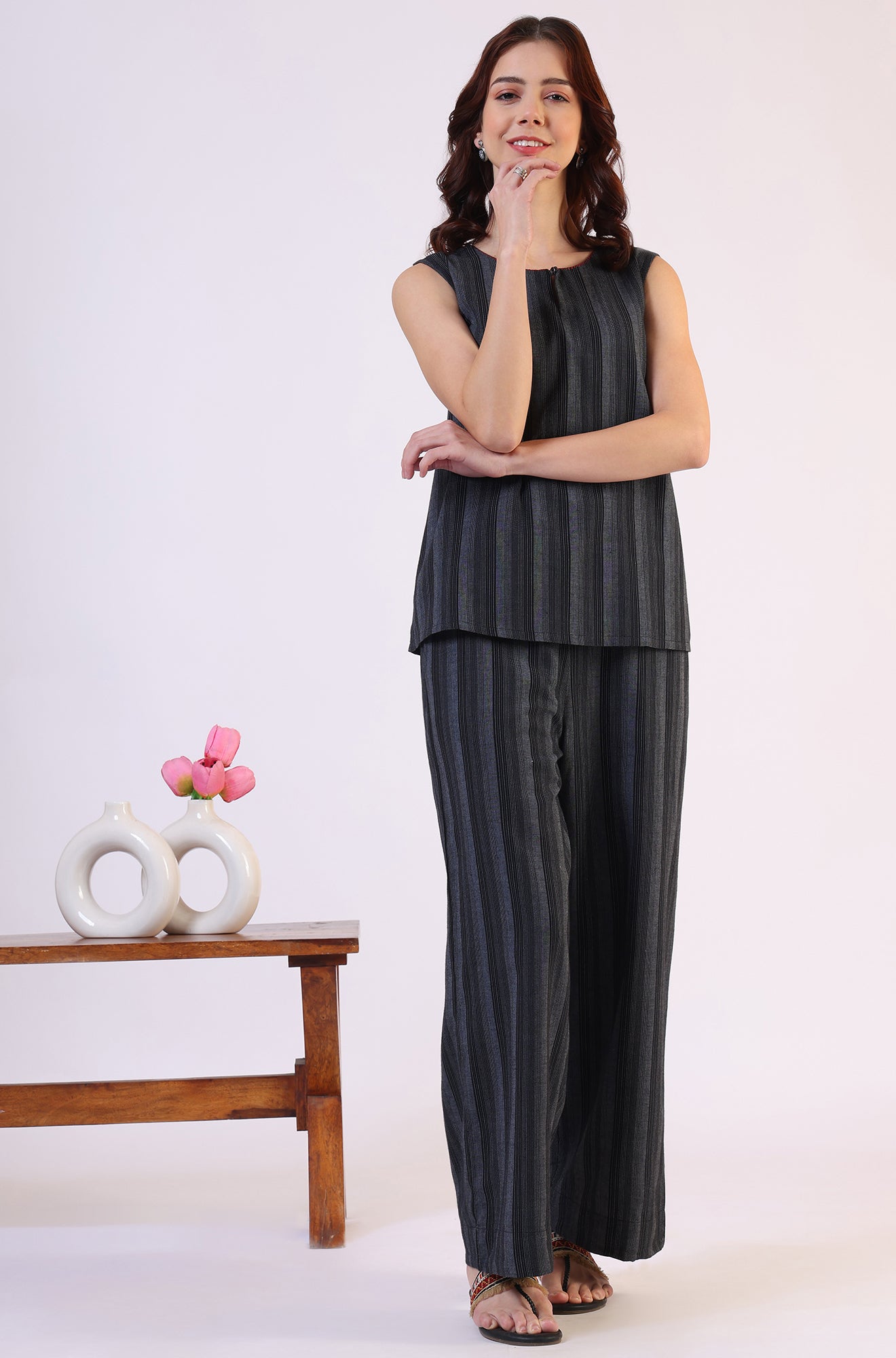 Black Yarn Dyed Striped Sleeveless Top and Pants Co-ord Set