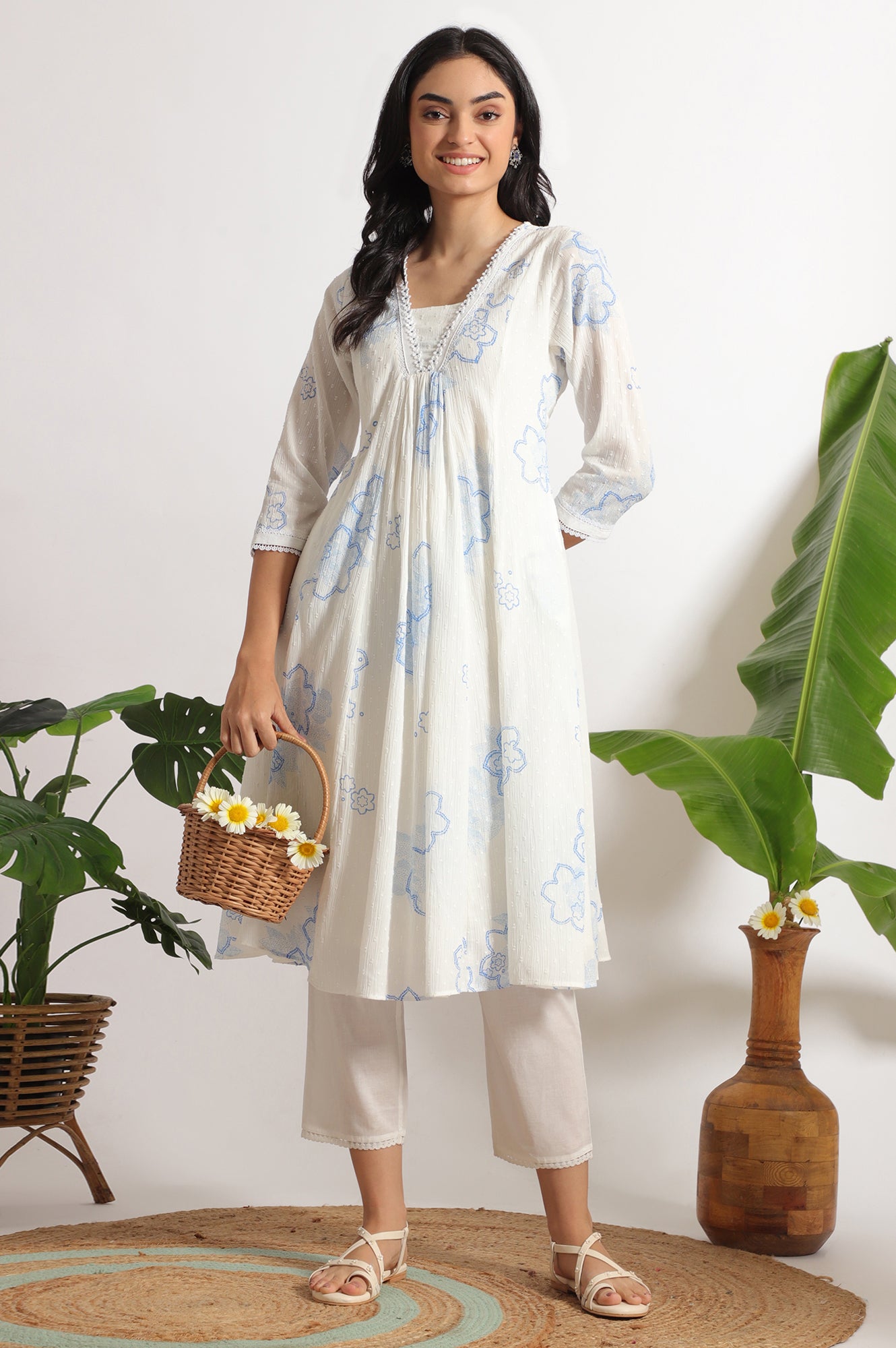 White Floral Printed Cotton Swiss Dot Kurta and Pants Co-ord Set