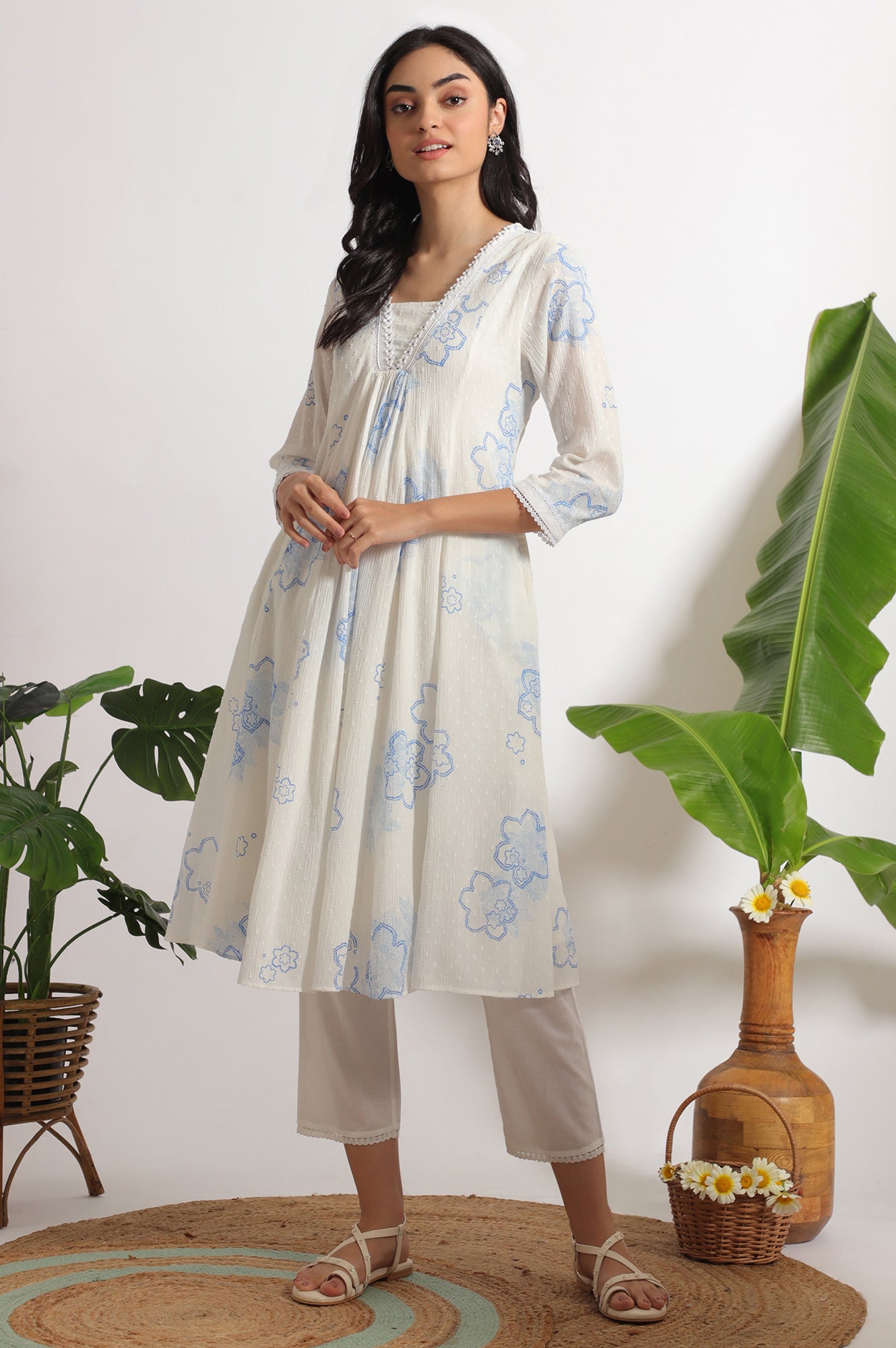 White Floral Printed Cotton Swiss Dot Kurta and Pants Co-ord Set